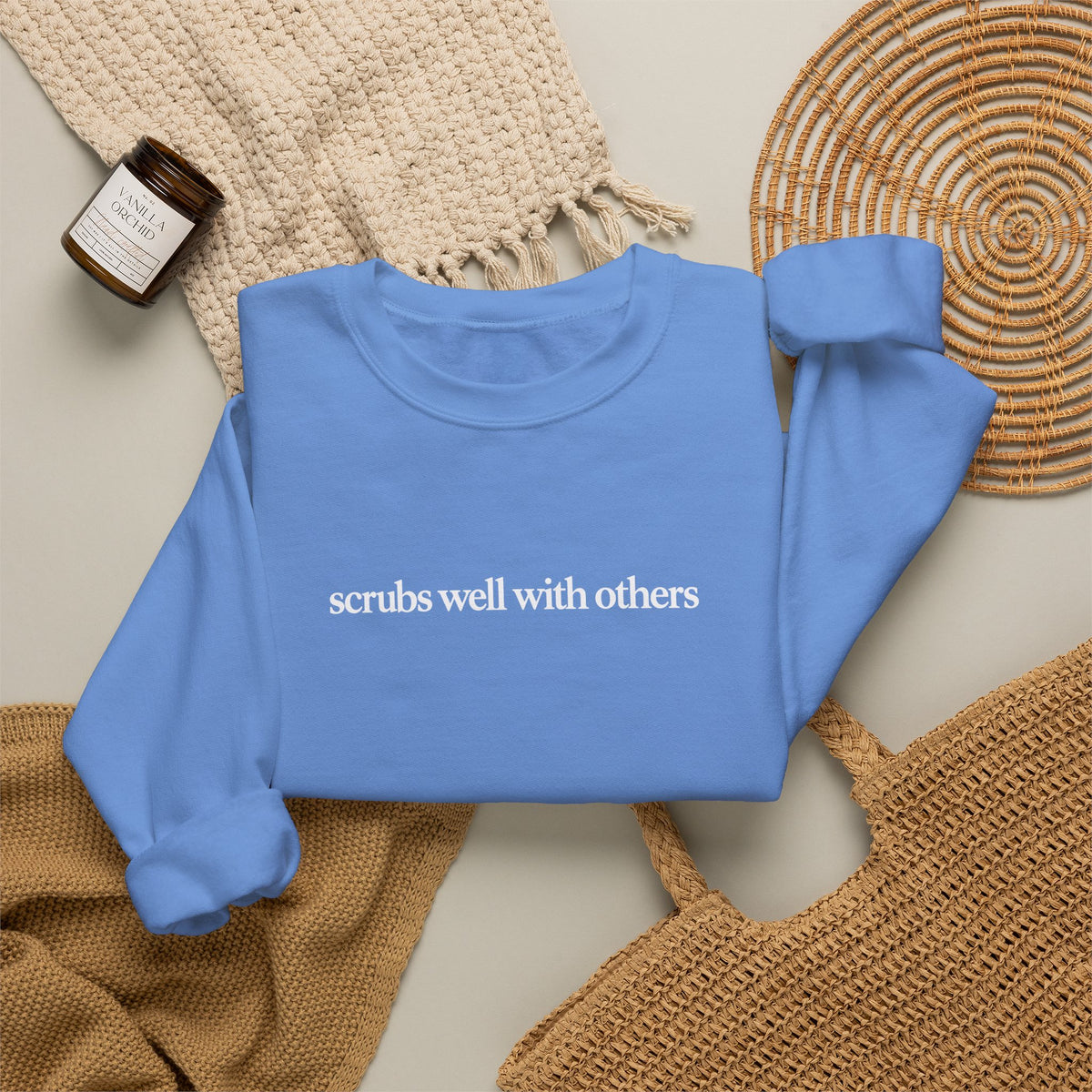 Scrubs Well With Others Sweatshirt, Funny Nurse Sweatshirt, Healthcare Worker Gift, Minimalist Medical Crewneck, Nurse Christmas Gift