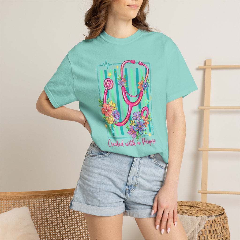 Created With a Purpose Nurse Shirt, Floral Stethoscope Tee, Comfort Colors Nurse T-Shirt, Nursing Student Gift, Nurse Appreciation Gift