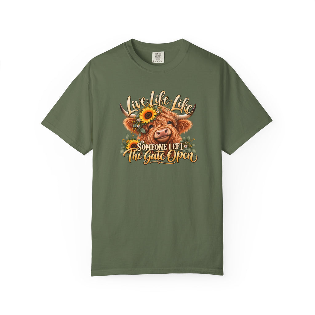 Live Life Like Someone Left the Gate Open Cow T Shirt Sunflower Highland Cattle Tee