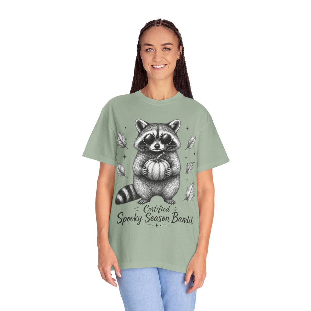 Spooky Season Bandit T Shirt Cute Raccoon Holding Pumpkin Fall Tee