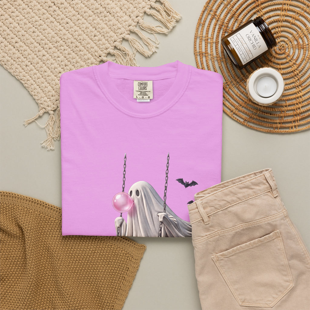Ghost on Swing Tee Shirt | Cute Halloween Ghost Blowing Bubblegum, Bats
