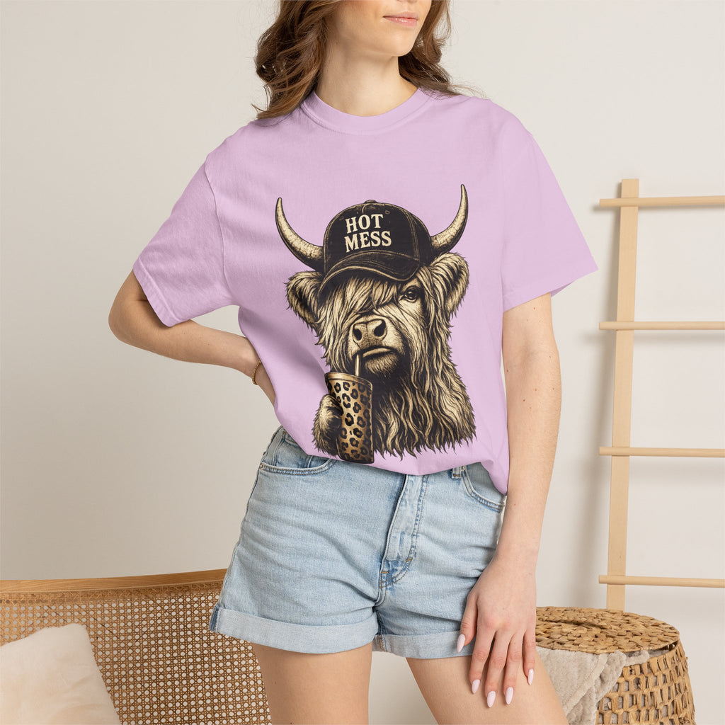 Hot Mess Highland Cow T Shirt Funny Cow with Coffee Graphic