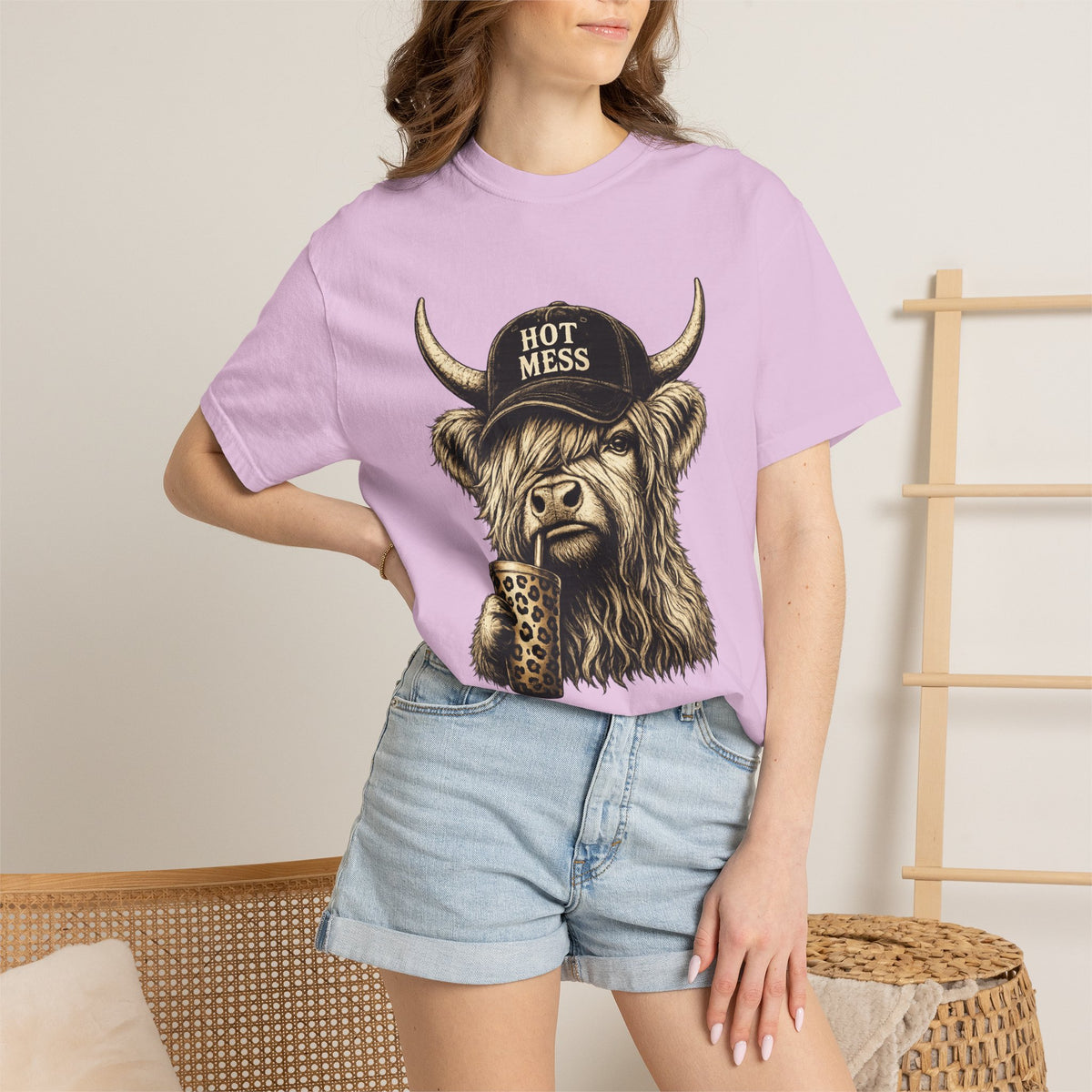 Hot Mess Highland Cow T Shirt Funny Cow with Coffee Graphic