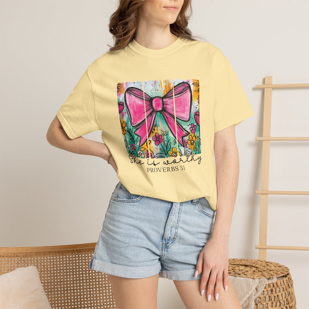 Pink Bow Floral Illustration Tee Shirt | She is Worthy Proverbs 31 Christian Tee