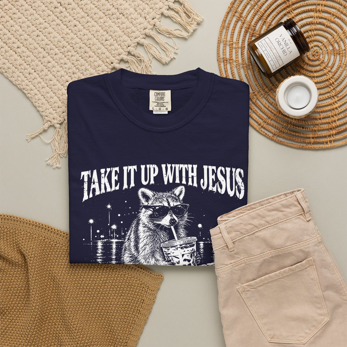 Take It Up With Jesus Shirt, Funny Raccoon Tee, He Made Me This Way, Sarcastic Christian Shirt, Funny Faith Gift, Unisex Graphic Tee