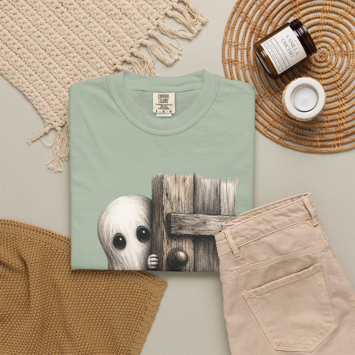 Ghost Peeking Behind Door Tee Shirt Cute Spooky Halloween Tee