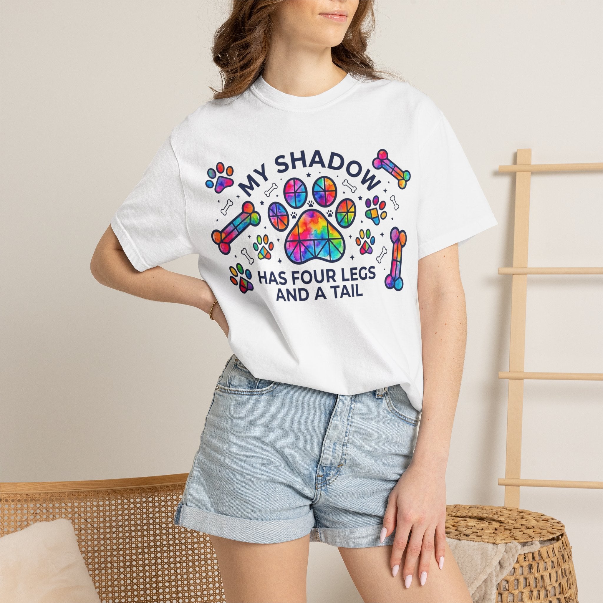My Shadow Has Four Legs And A Tail T-Shirt Colorful Paw Print Dog Lover Tee