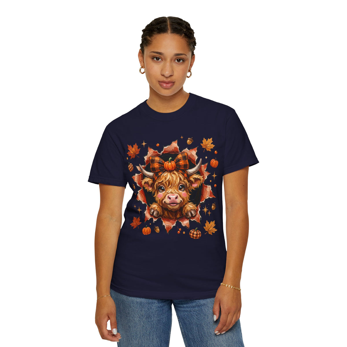 Highland Cow Autumn Tee Shirt Cute Fall Plaid Calf Design