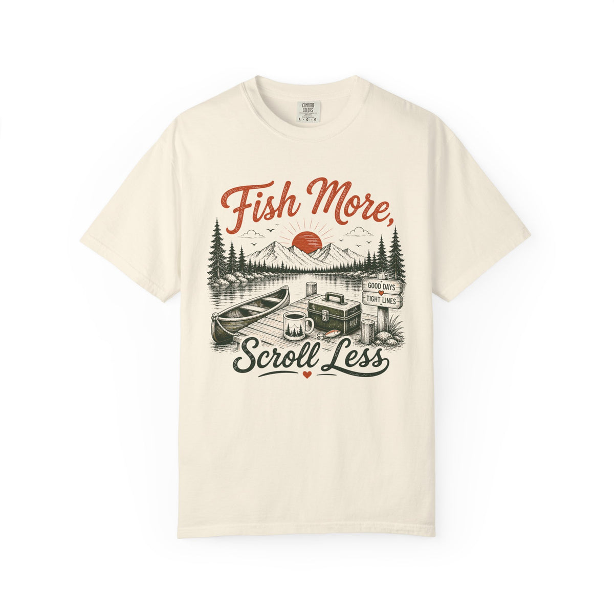 Fish More Scroll Less T Shirt Vintage Fishing Cabin Graphic Tee