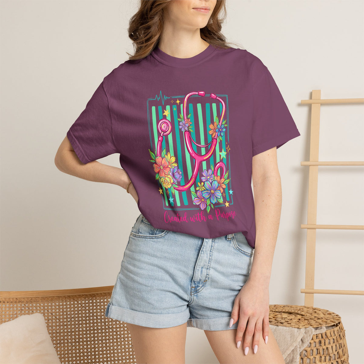 Created With a Purpose Nurse Shirt, Floral Stethoscope Tee, Comfort Colors Nurse T-Shirt, Nursing Student Gift, Nurse Appreciation Gift