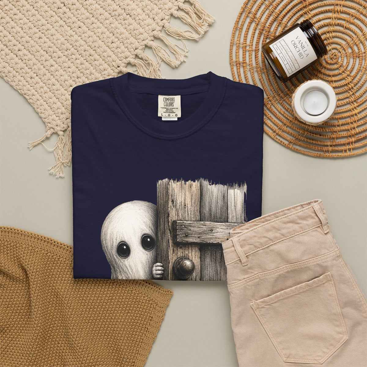 Ghost Peeking Behind Door Tee Shirt Cute Spooky Halloween Tee