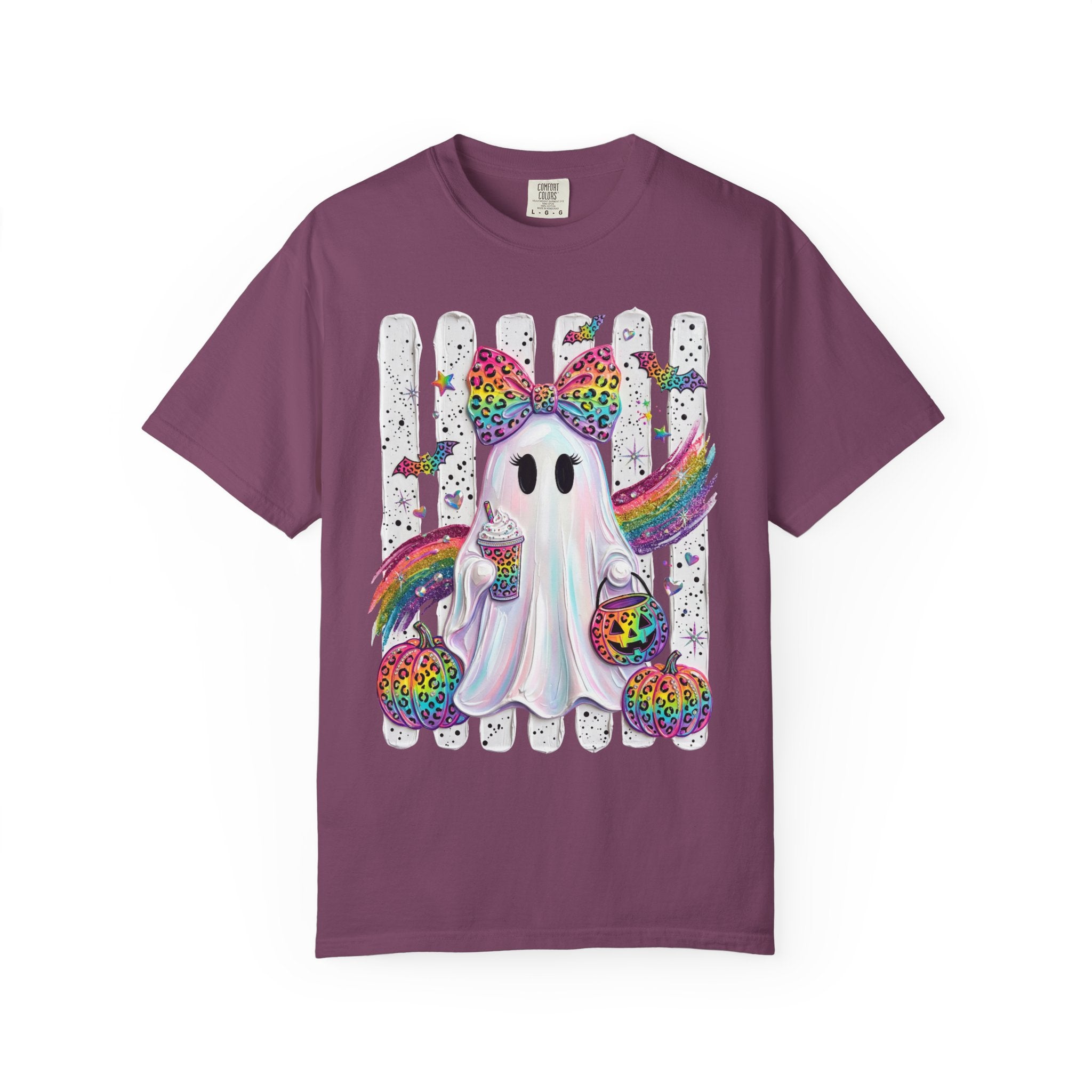 Halloween Rainbow Ghost T Shirt Cute Glittery Ghost with Rainbow Bow and Pumpkins
