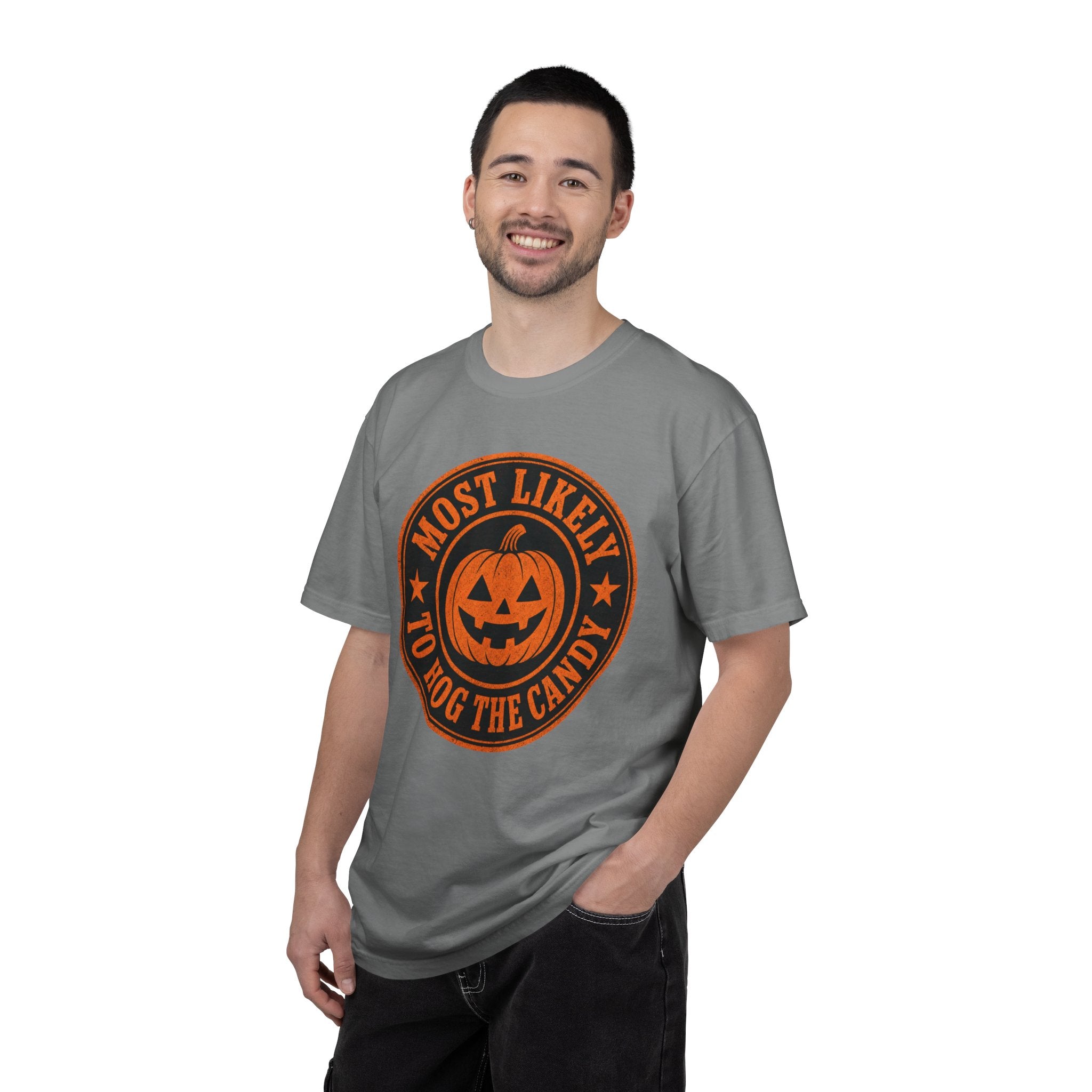Most Likely to Hog the Candy Halloween T Shirt Jack-O Lantern Pumpkin Graphic Tee