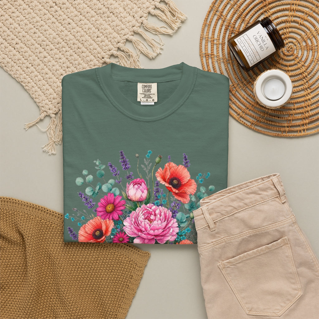 Floral Bouquet T Shirt  Pink Peony and Poppy Garden Tee