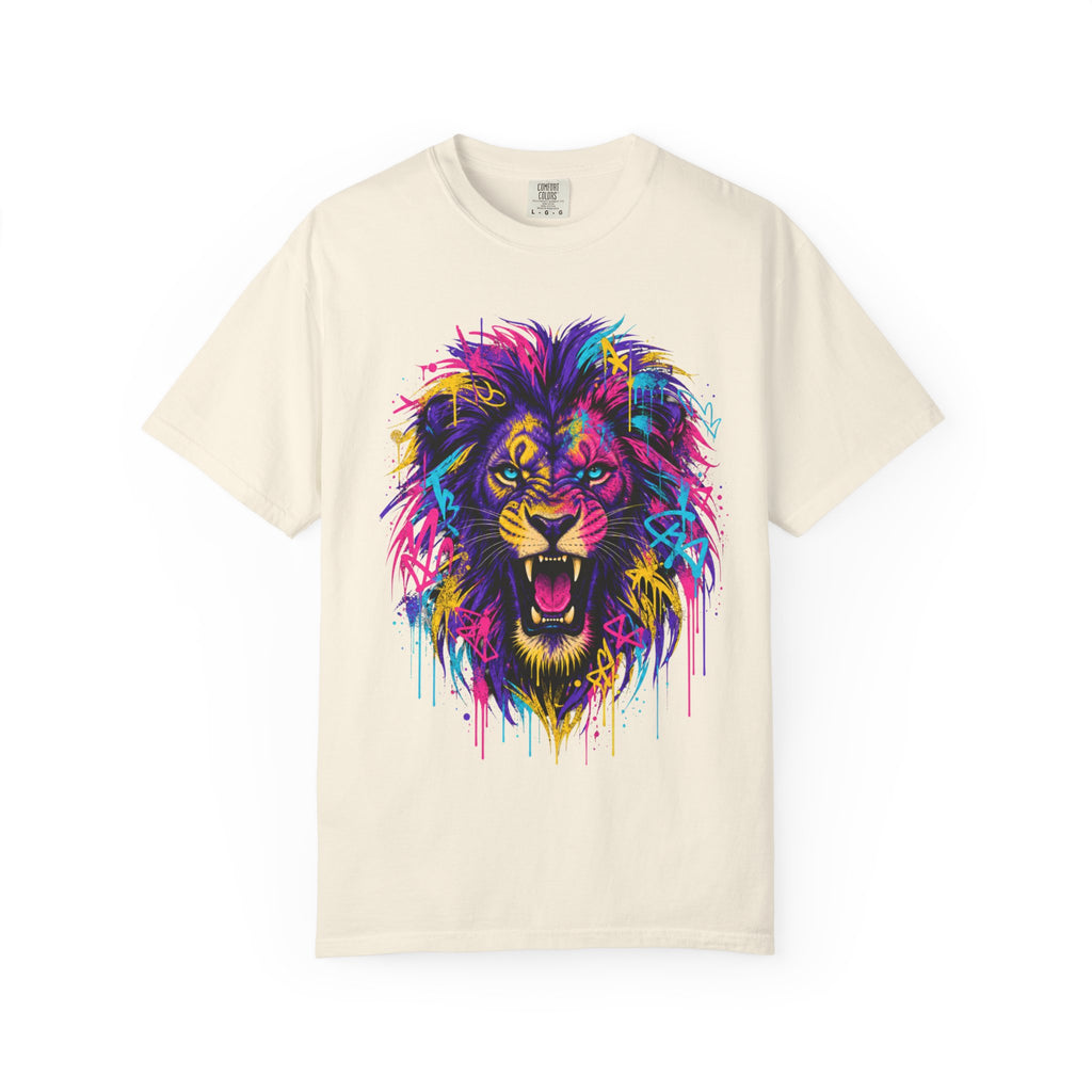 Colorful Roaring Lion T Shirt Vibrant Neon Animal Graphic Tee