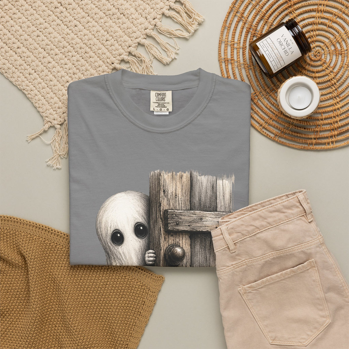 Ghost Peeking Behind Door Tee Shirt Cute Spooky Halloween Tee