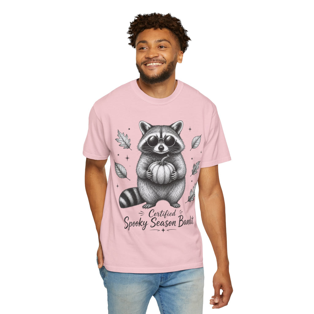 Spooky Season Bandit T Shirt Cute Raccoon Holding Pumpkin Fall Tee