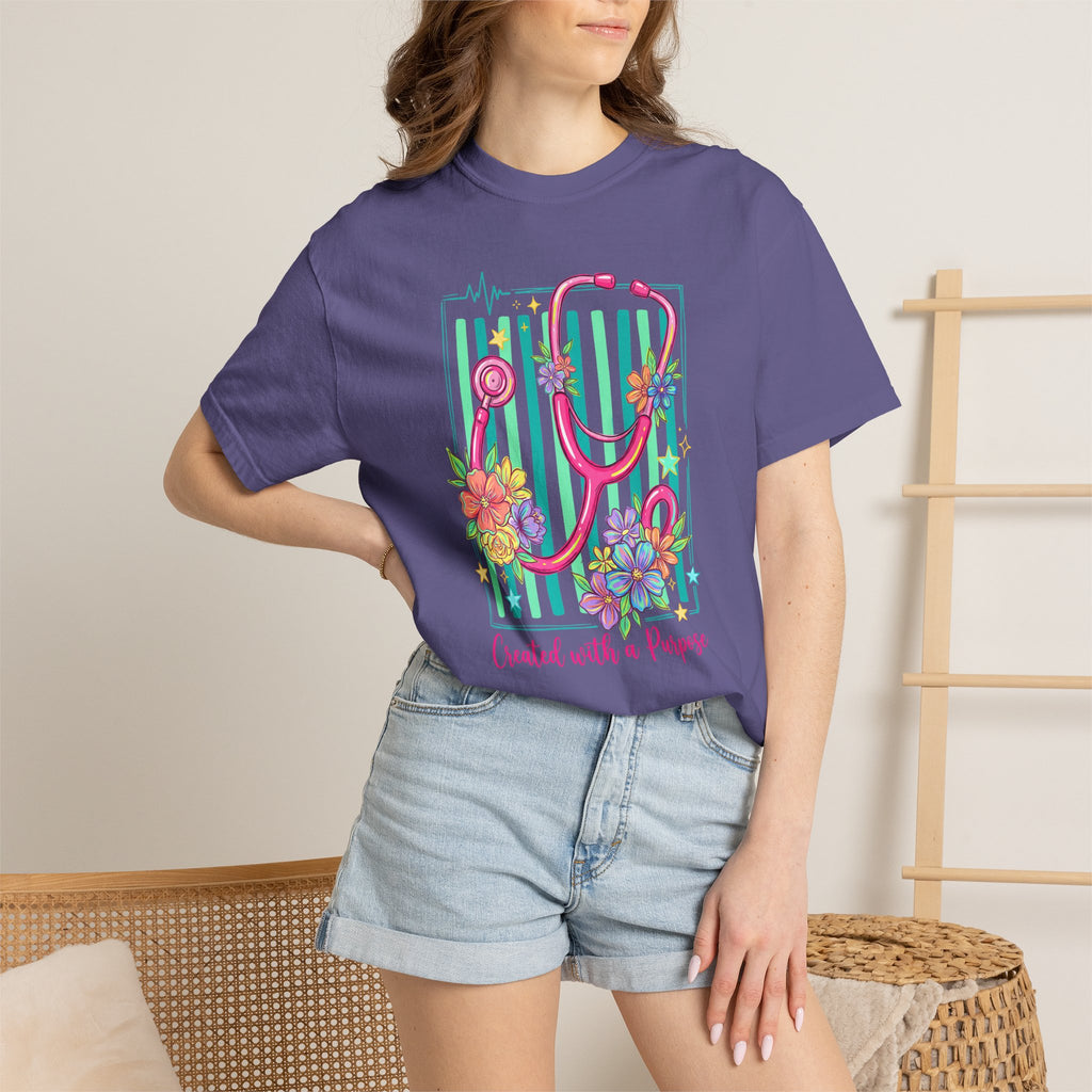 Created With a Purpose Nurse Shirt, Floral Stethoscope Tee, Comfort Colors Nurse T-Shirt, Nursing Student Gift, Nurse Appreciation Gift