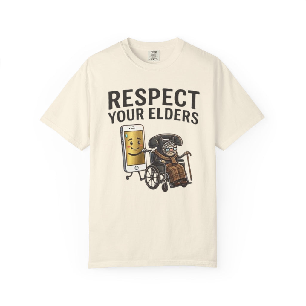 Respect Your Elders T-Shirt  Funny Retro Phone and Wheelchair Graphic Tee