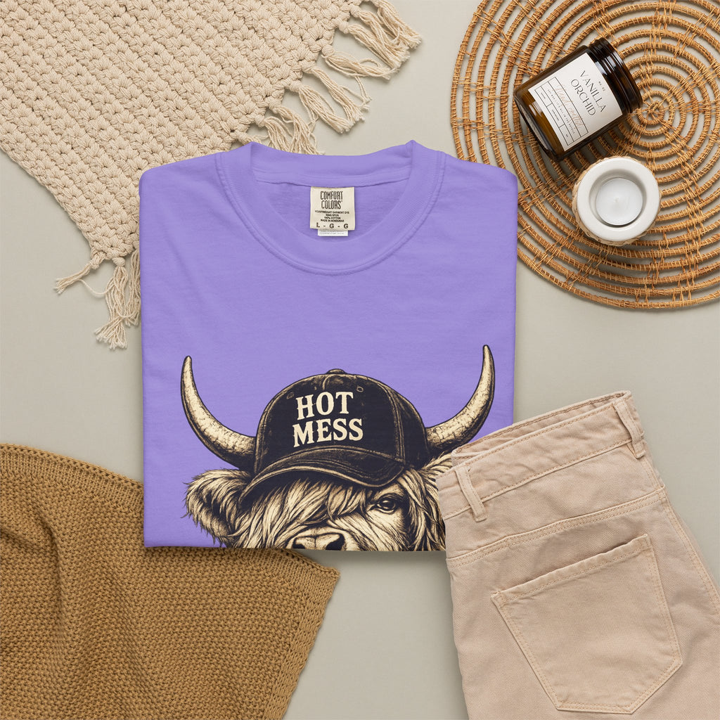 Hot Mess Highland Cow T Shirt Funny Cow with Coffee Graphic