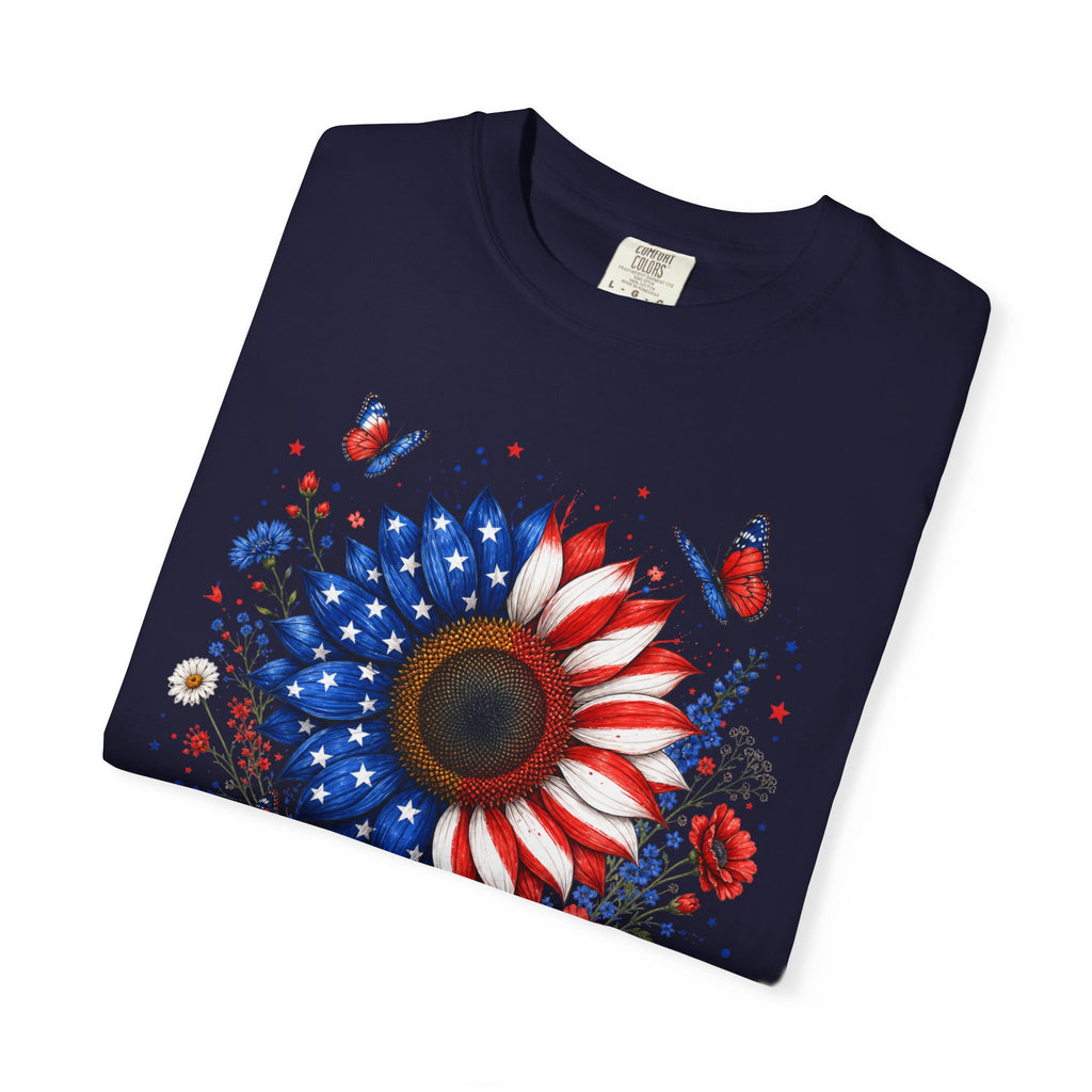 Patriotic Sunflower T Shirt American Flag Floral Tee Fourth of July