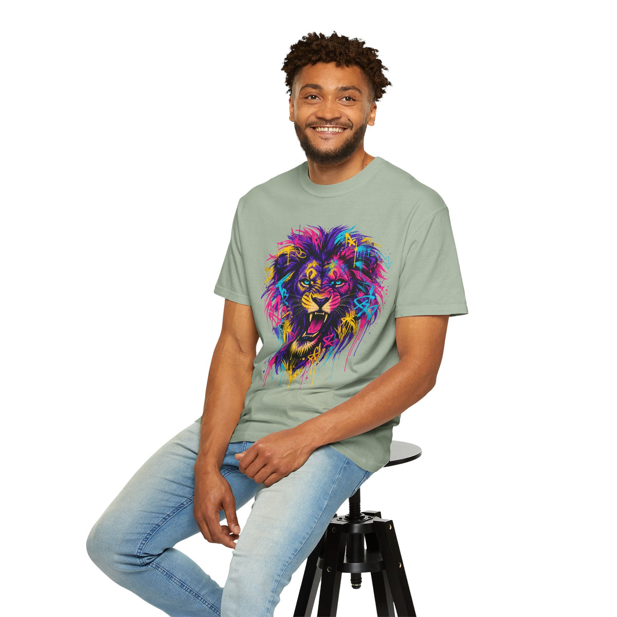 Colorful Roaring Lion T Shirt Vibrant Neon Animal Graphic Tee