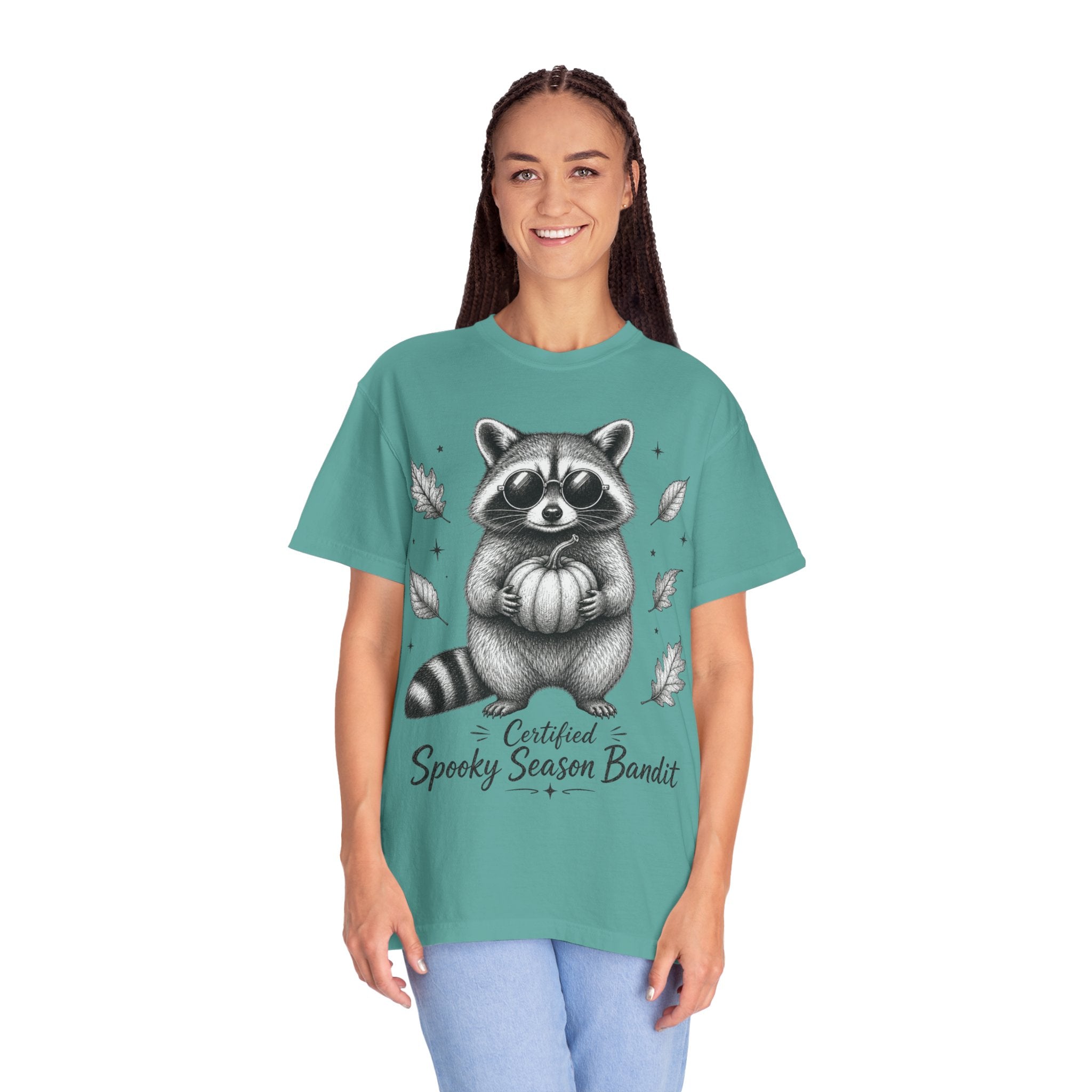 Spooky Season Bandit T Shirt Cute Raccoon Holding Pumpkin Fall Tee