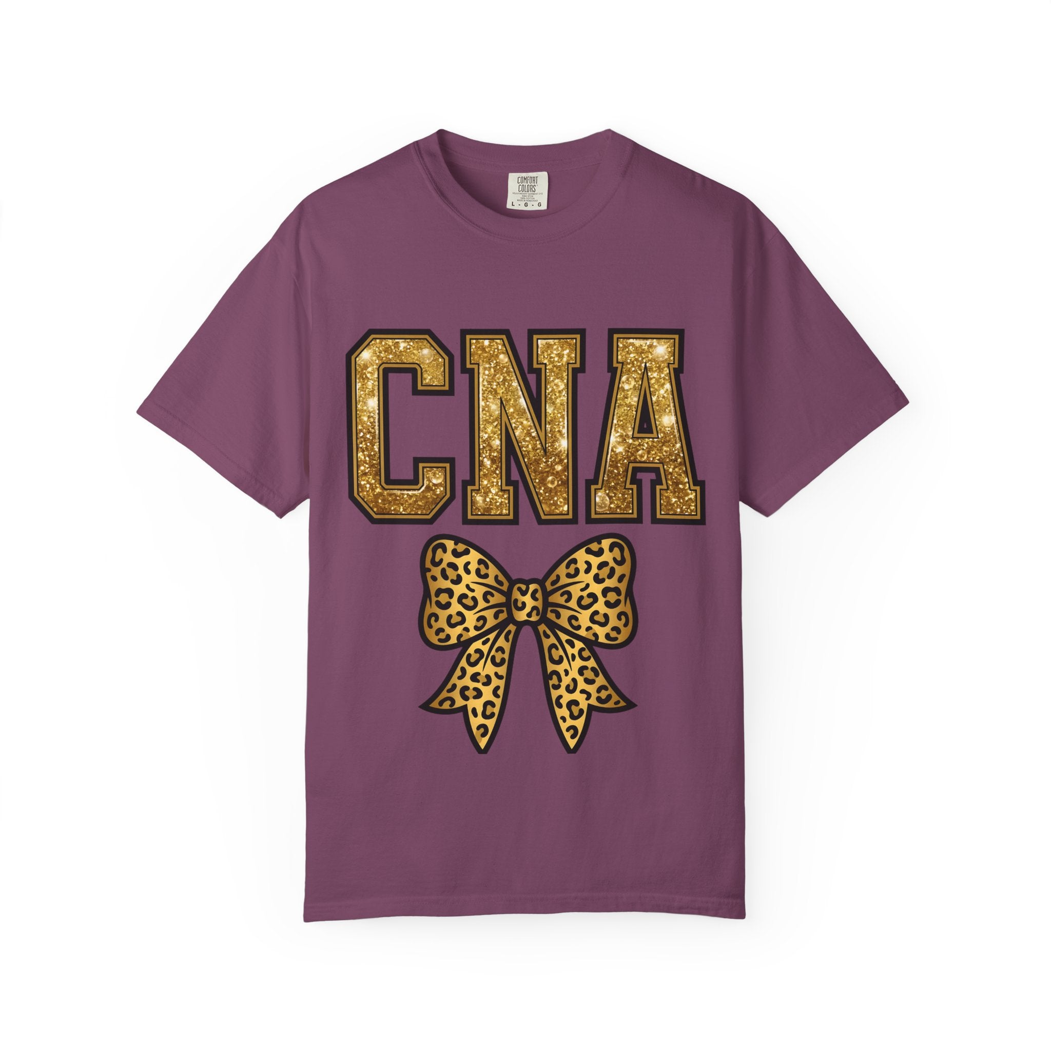 CNA Leopard Bow T Shirt Sparkle Gold Nurse Aide Tee