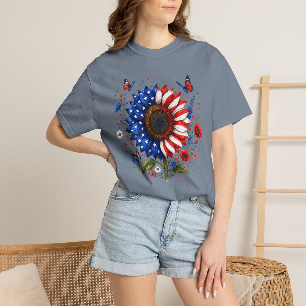 Patriotic Sunflower T Shirt American Flag Floral Tee Fourth of July
