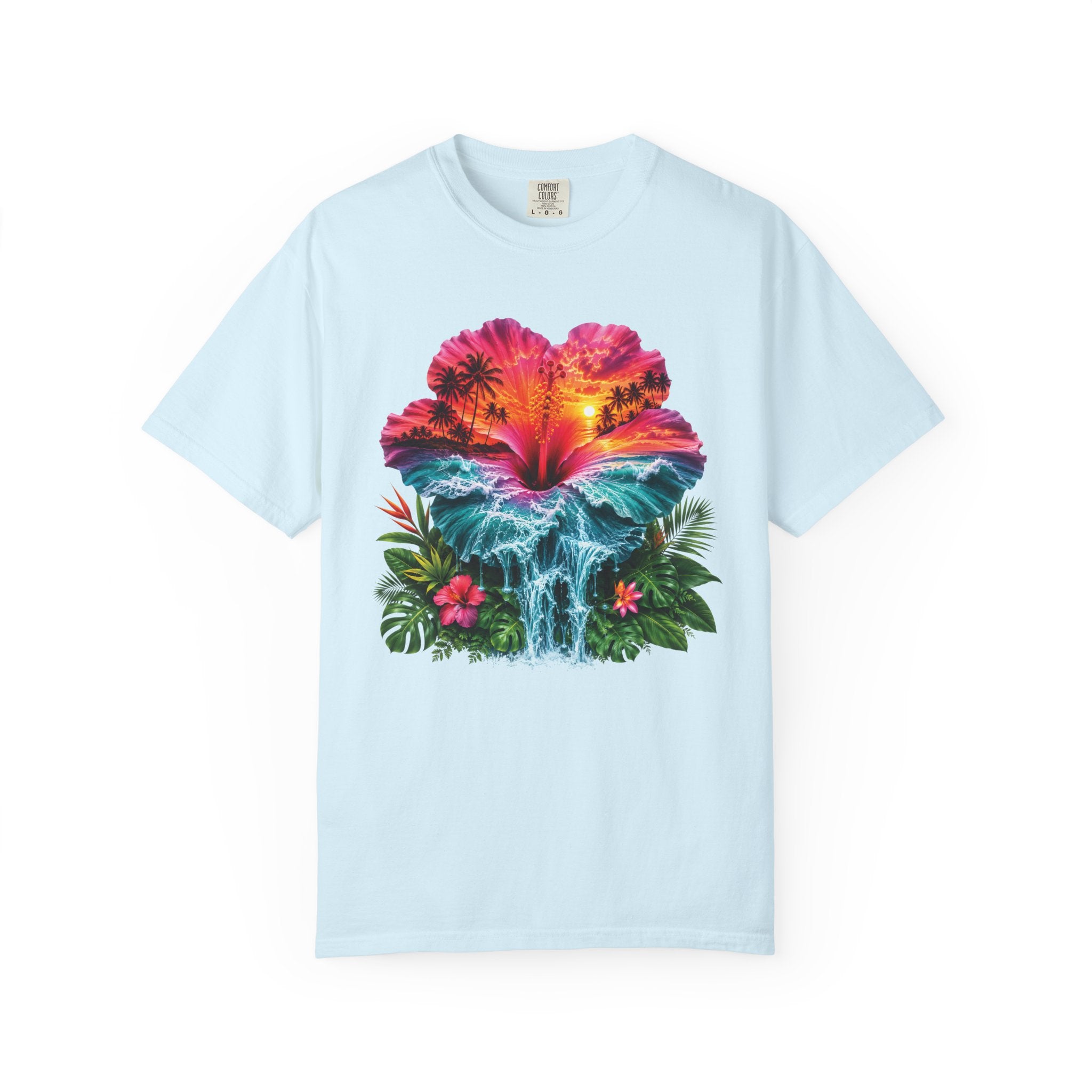 T Shirt Tropical Hibiscus Waterfall Sunset Graphic Tee