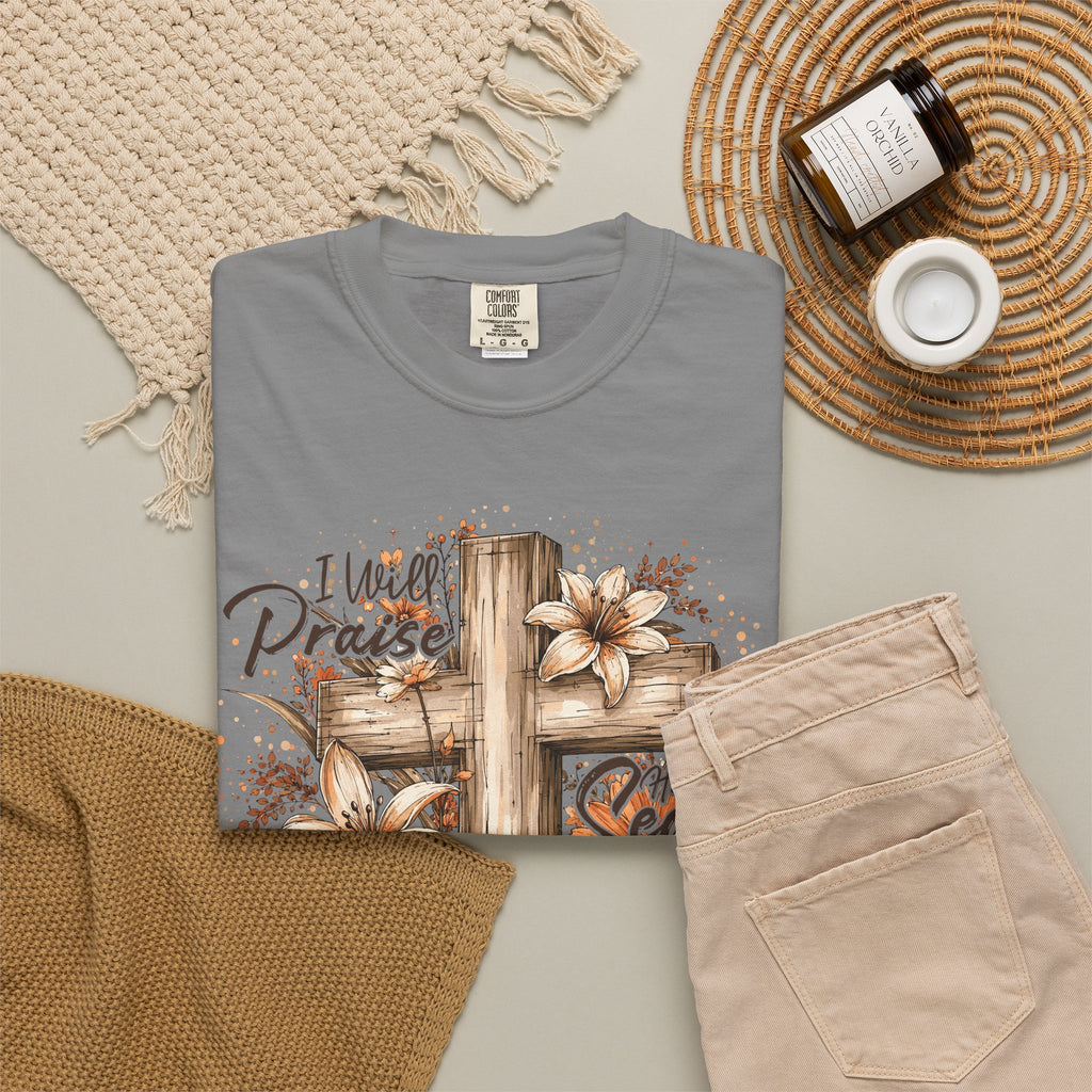 Tee Shirt I Will Praise Every Season Cross with Fall Pumpkins and Flowers