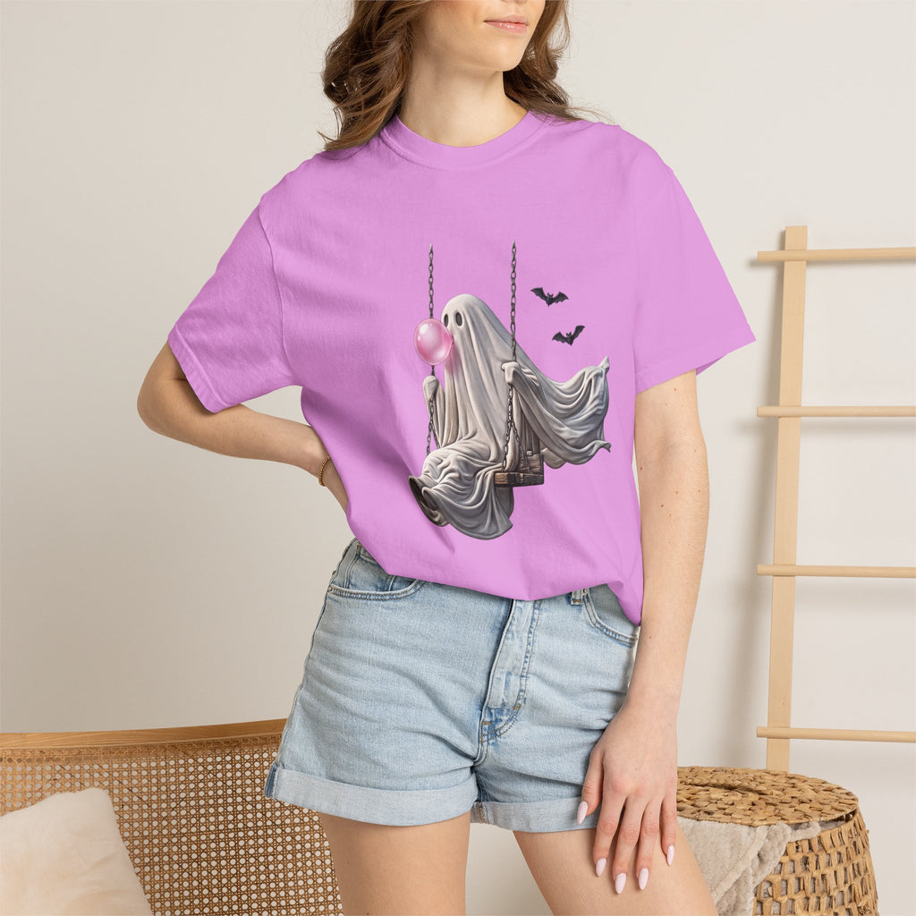 Ghost on Swing Tee Shirt | Cute Halloween Ghost Blowing Bubblegum, Bats