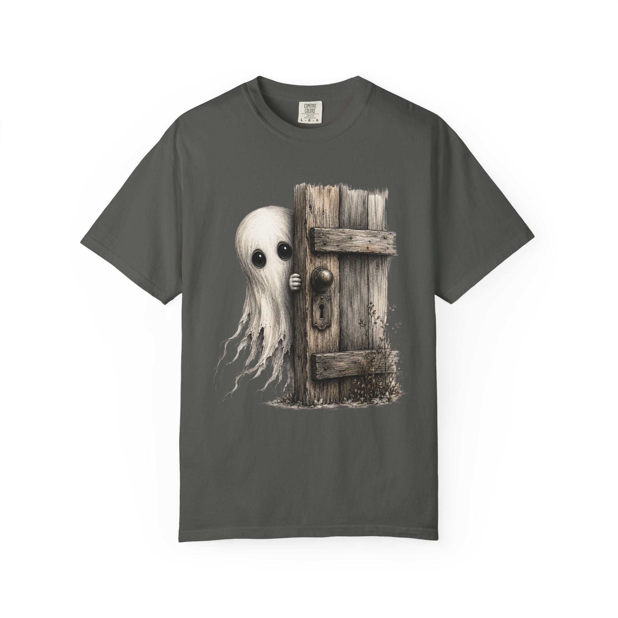 Ghost Peeking Behind Door T Shirt Cute Spooky Halloween Tee