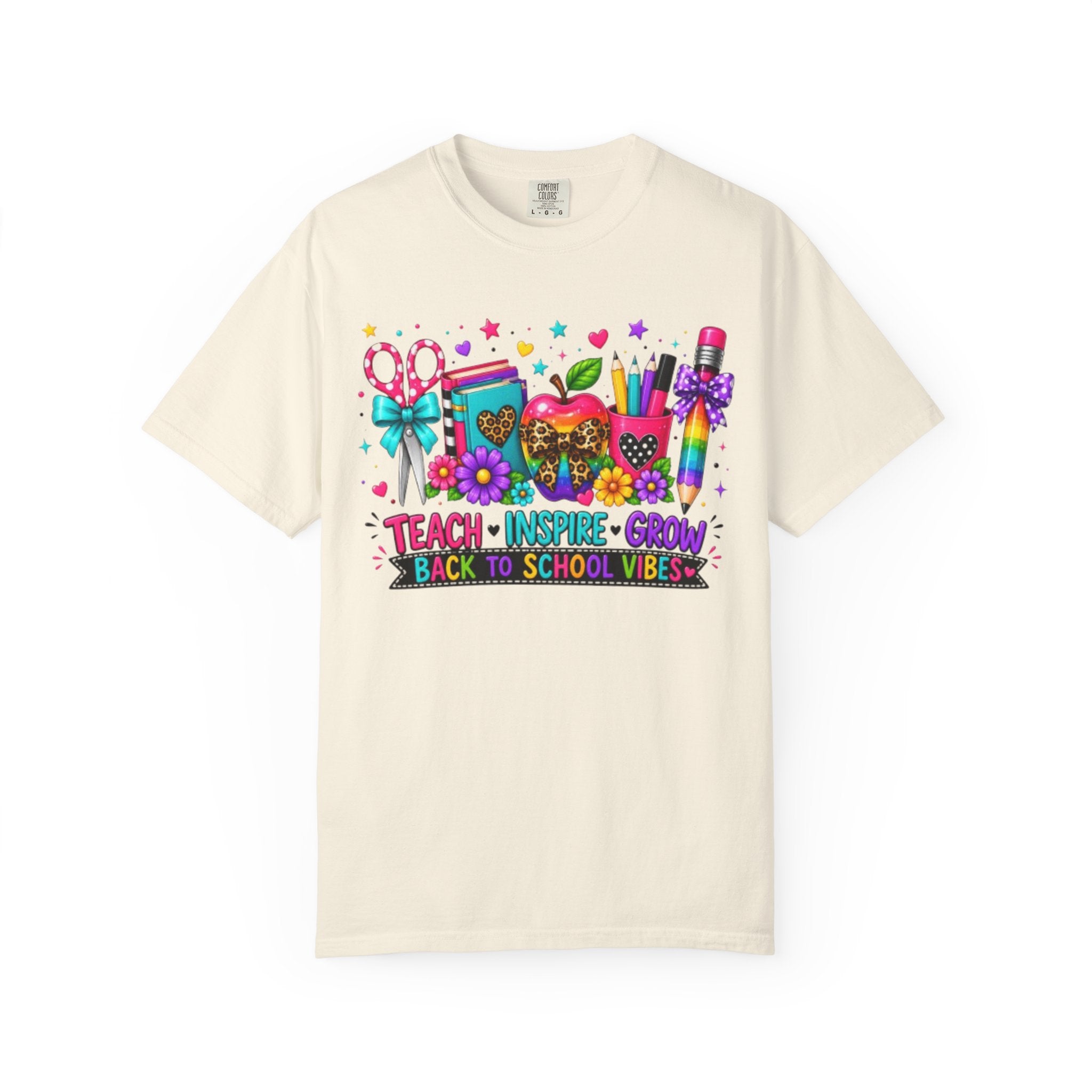 Back to School Teacher T Shirt Teach  Inspire  Grow Colorful School Supplies Tee