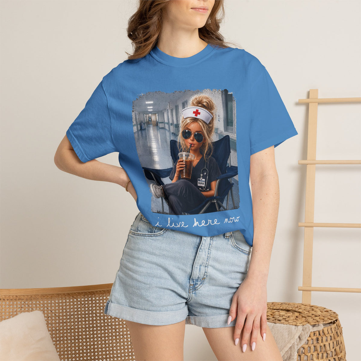 Funny Nurse Shirt, I Live Here Now Nurse Tee, Comfort Colors Nursing Shirt, Sarcastic Nurse Gift, ER Nurse Humor, Healthcare Worker Gift
