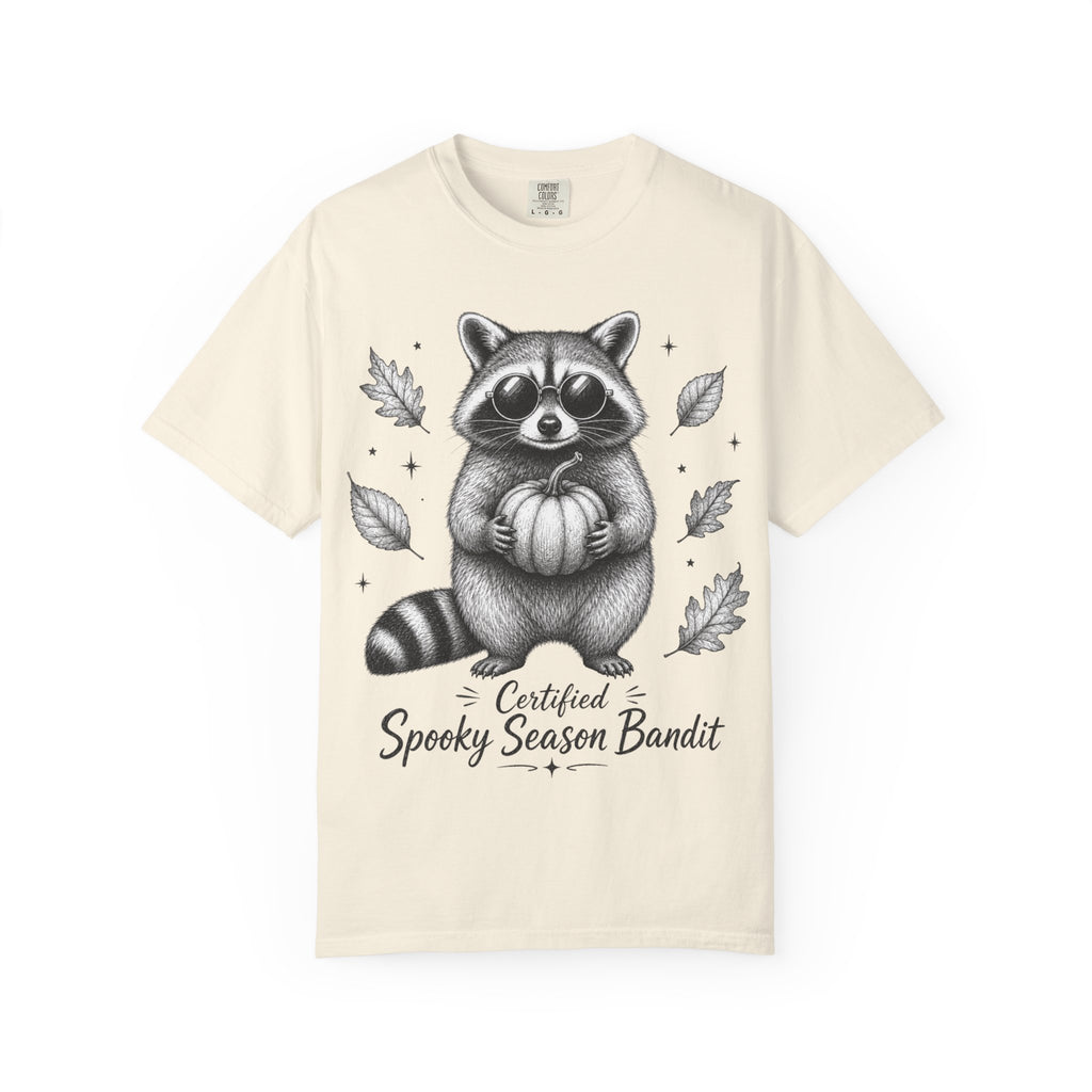 Spooky Season Bandit T Shirt Cute Raccoon Holding Pumpkin Fall Tee
