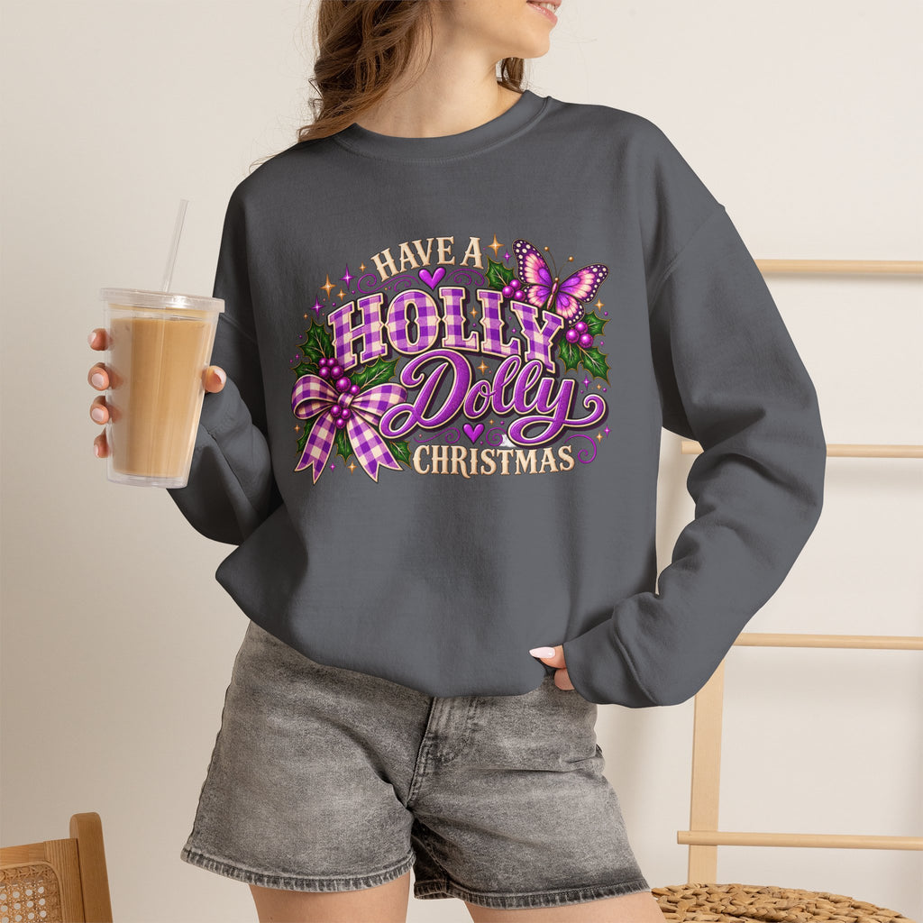 Have a Holly Dolly Christmas Sweatshirt, Dolly Inspired Christmas Shirt, Purple Plaid Holiday Sweatshirt, Butterfly Christmas Gift
