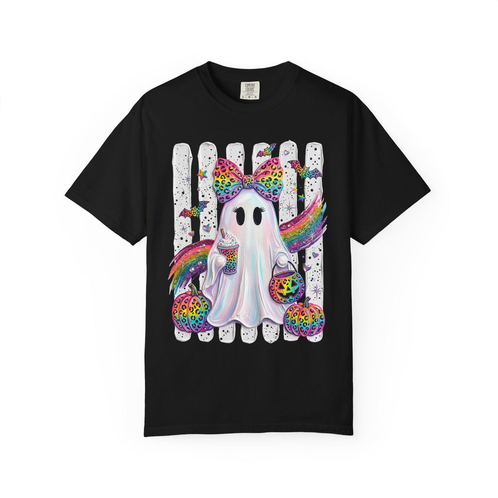 Halloween Rainbow Ghost T Shirt Cute Glittery Ghost with Rainbow Bow and Pumpkins