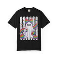 Halloween Rainbow Ghost T Shirt Cute Glittery Ghost with Rainbow Bow and Pumpkins