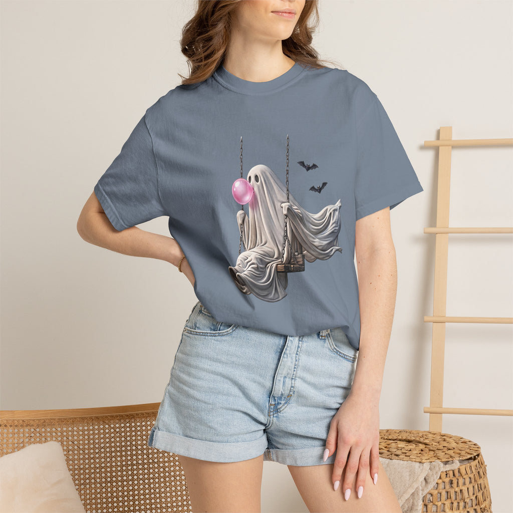 Ghost on Swing Tee Shirt | Cute Halloween Ghost Blowing Bubblegum, Bats