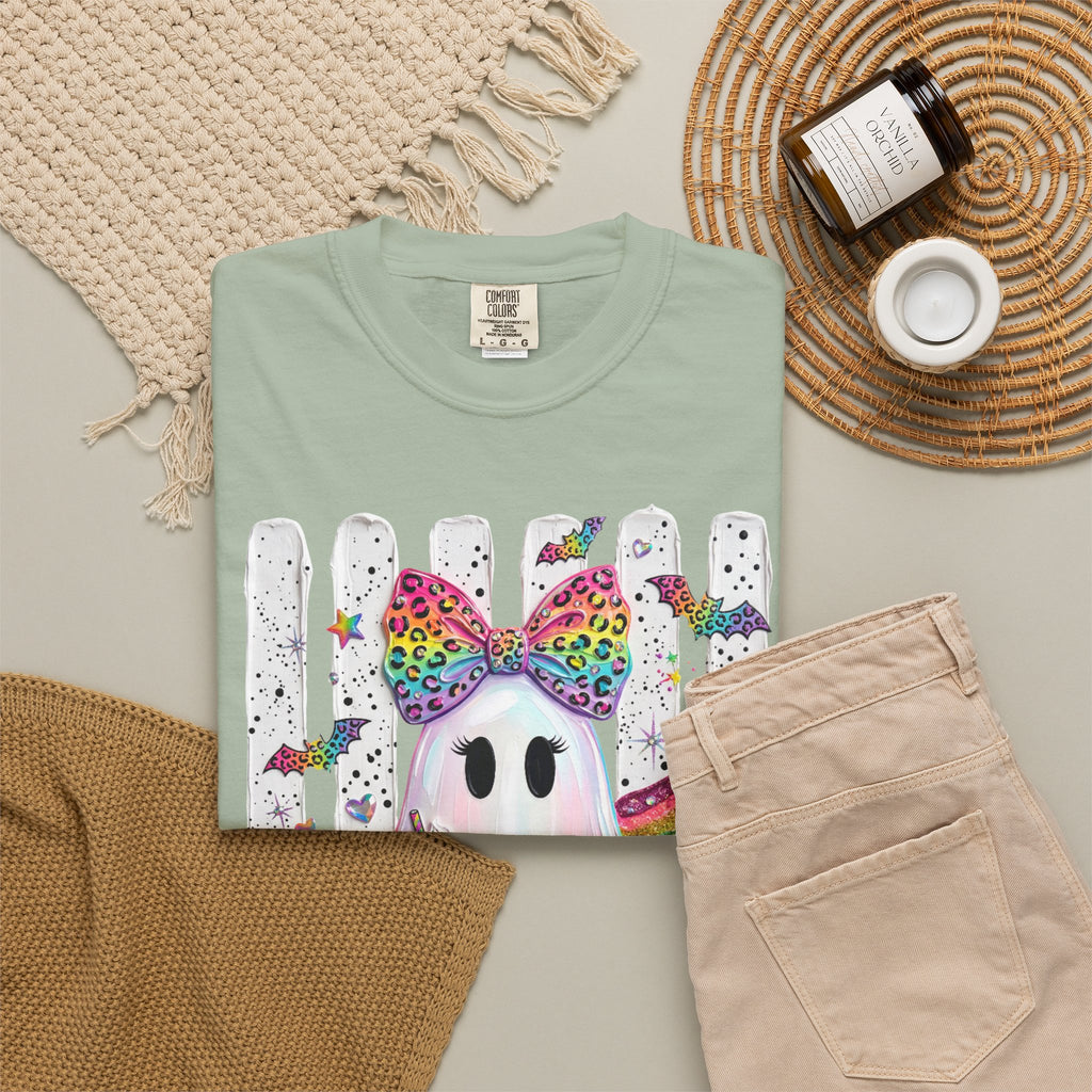 Halloween Rainbow Ghost T Shirt Cute Glittery Ghost with Rainbow Bow and Pumpkins