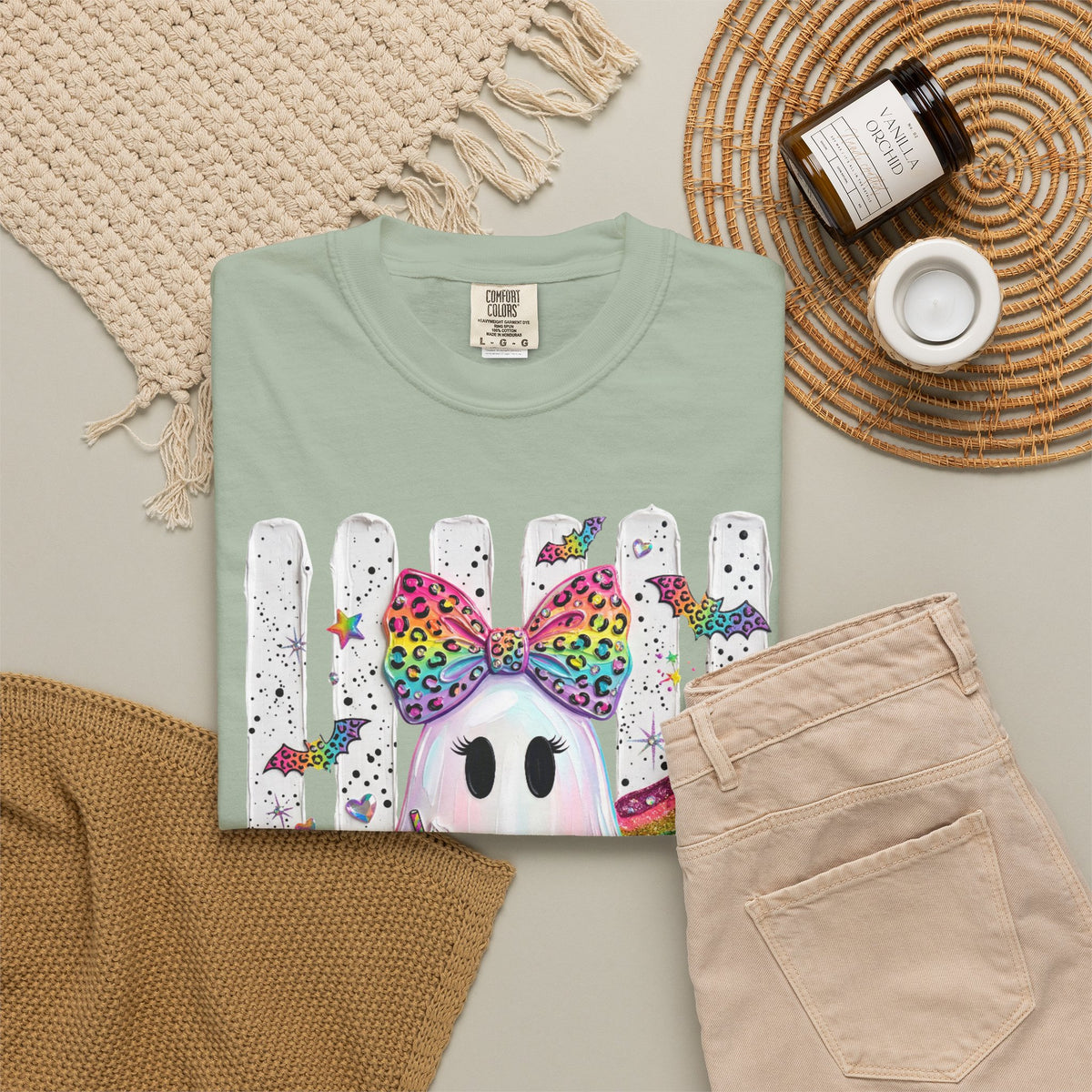 Halloween Rainbow Ghost T Shirt Cute Glittery Ghost with Rainbow Bow and Pumpkins