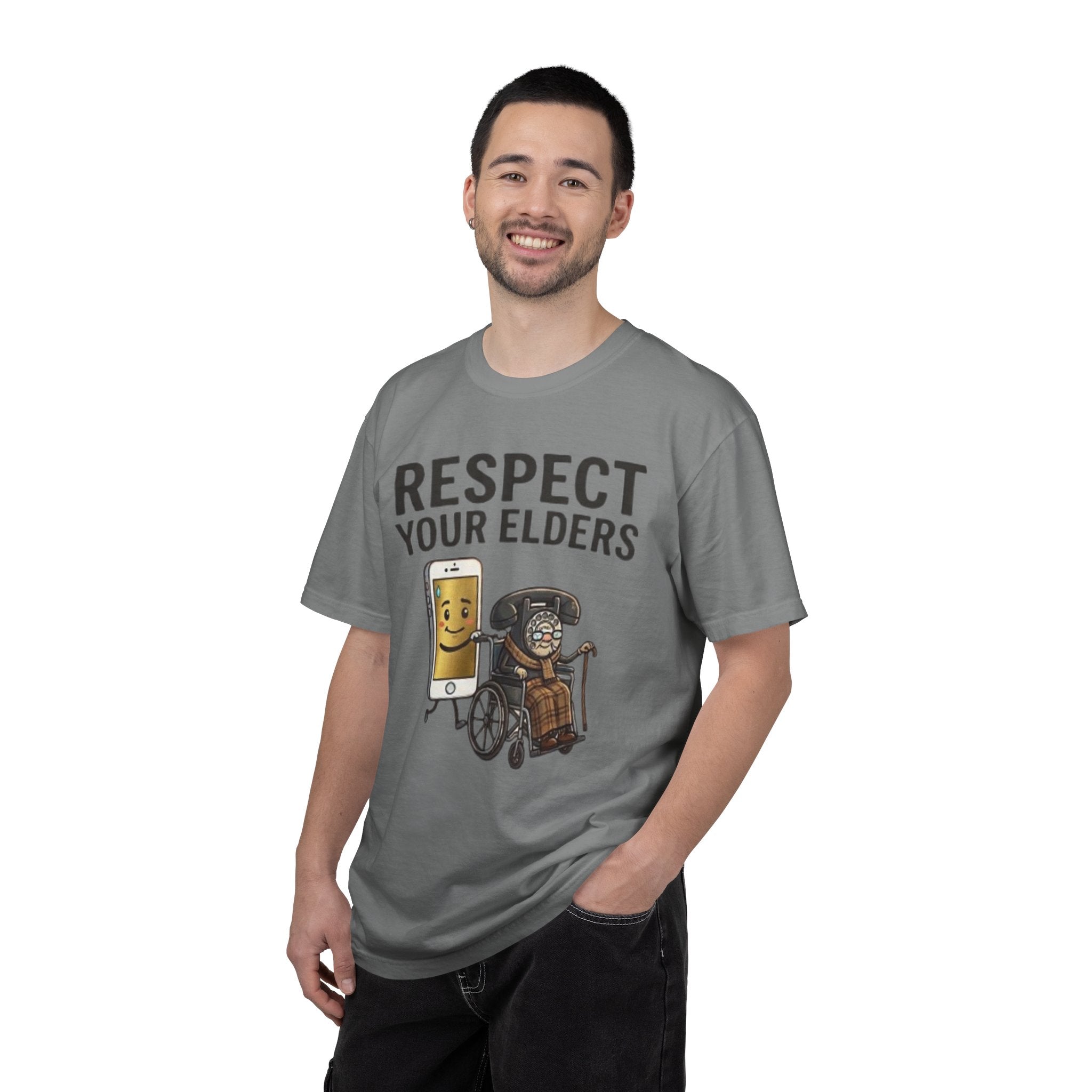 Respect Your Elders T-Shirt  Funny Retro Phone and Wheelchair Graphic Tee