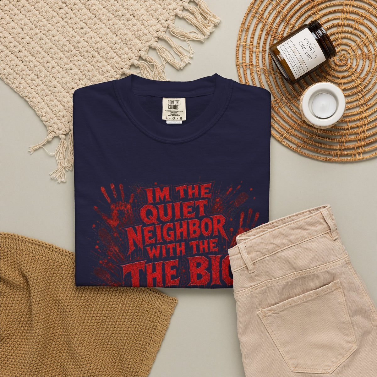 Graphic Tee Shirt Im the Quiet Neighbor with the Big Freezer Horror Handprint Tee