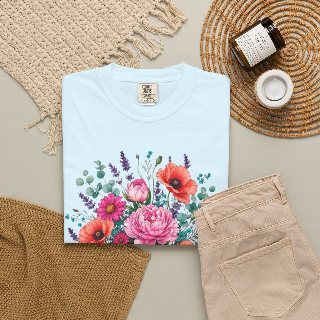 Floral Bouquet T Shirt  Pink Peony and Poppy Garden Tee