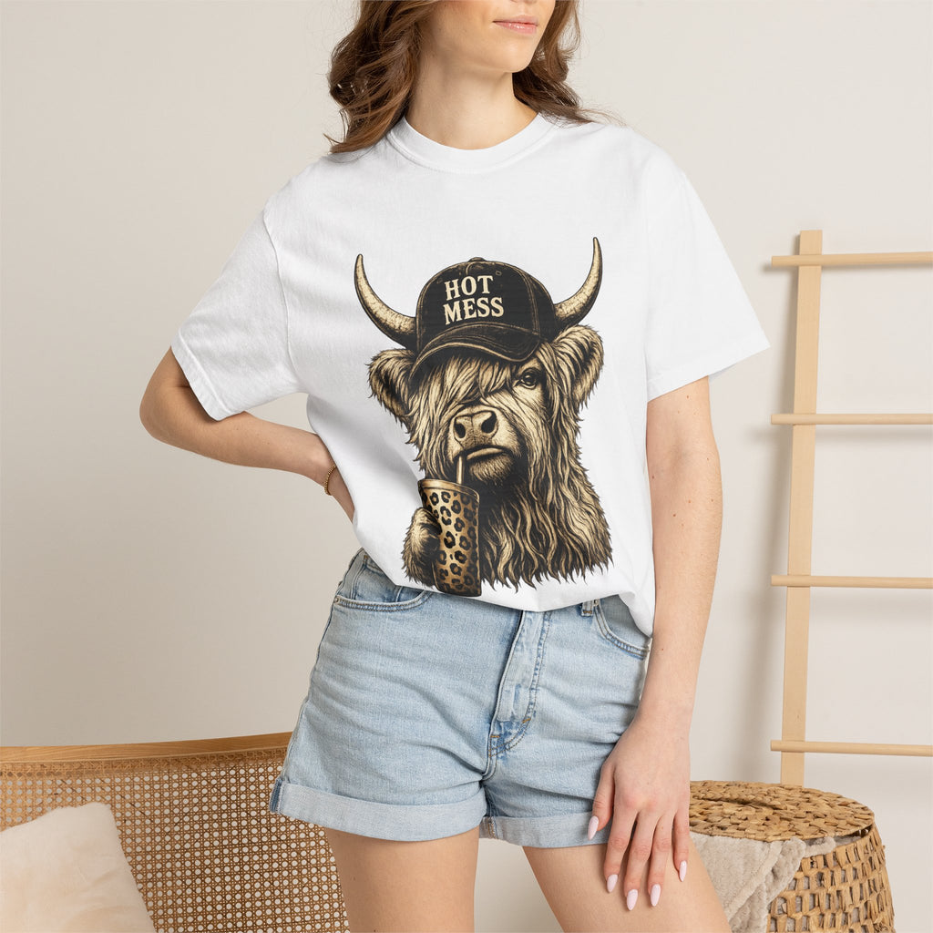 Hot Mess Highland Cow T Shirt Funny Cow with Coffee Graphic