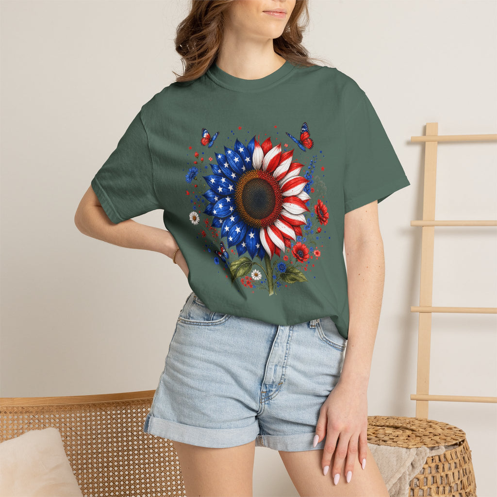 Patriotic Sunflower T Shirt American Flag Floral Tee Fourth of July