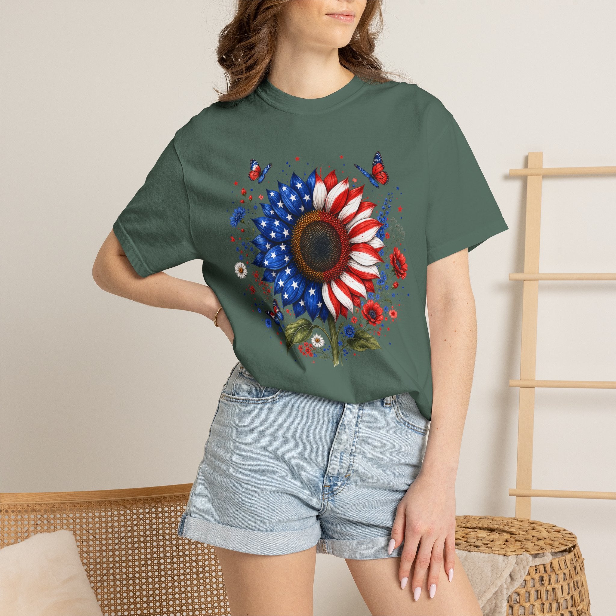 Patriotic Sunflower T Shirt American Flag Floral Tee Fourth of July