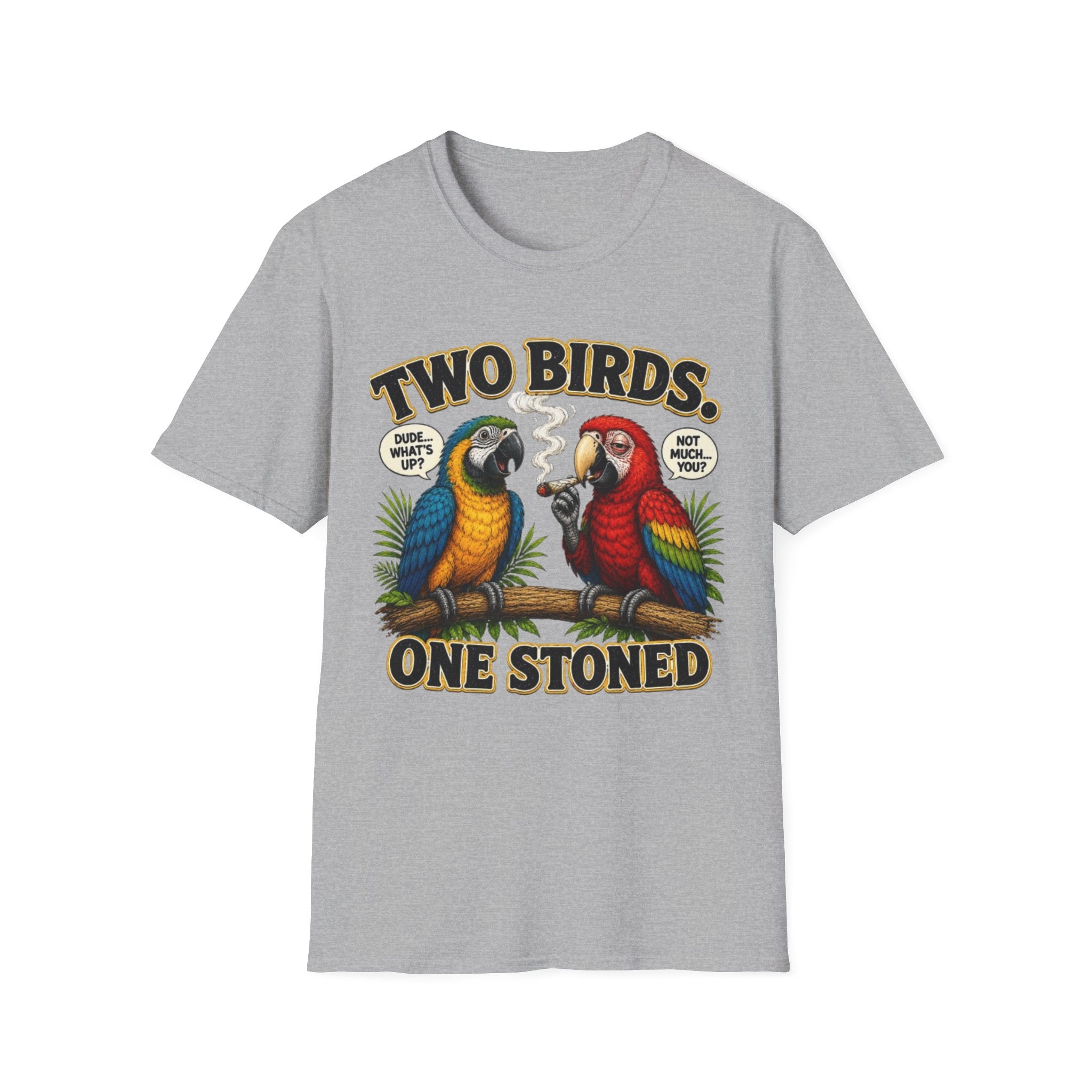 Parrot Graphic Tee Two Birds. One Stoned. Vintage Cannabis Humor T-Shirt