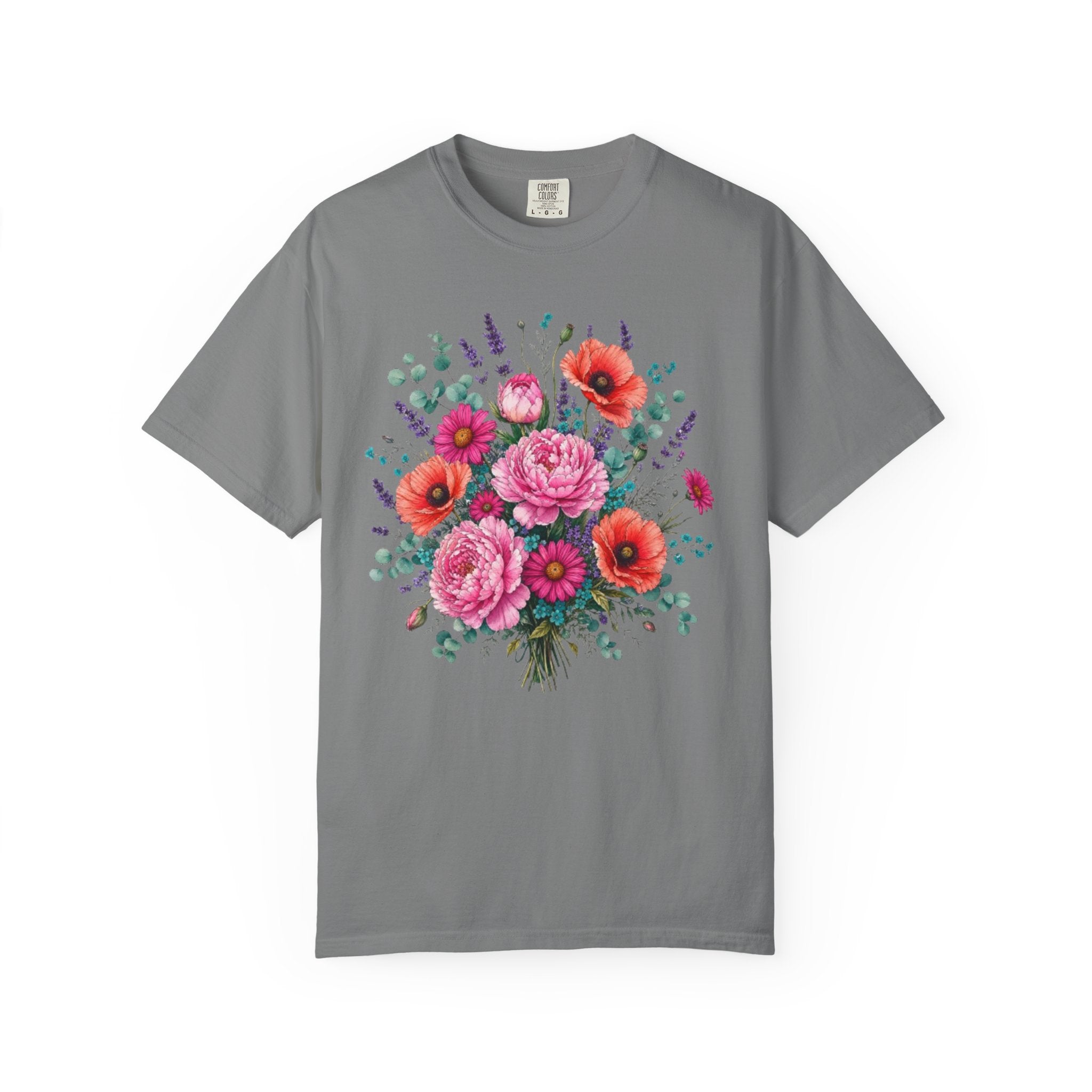 Floral Bouquet T Shirt  Pink Peony and Poppy Garden Tee